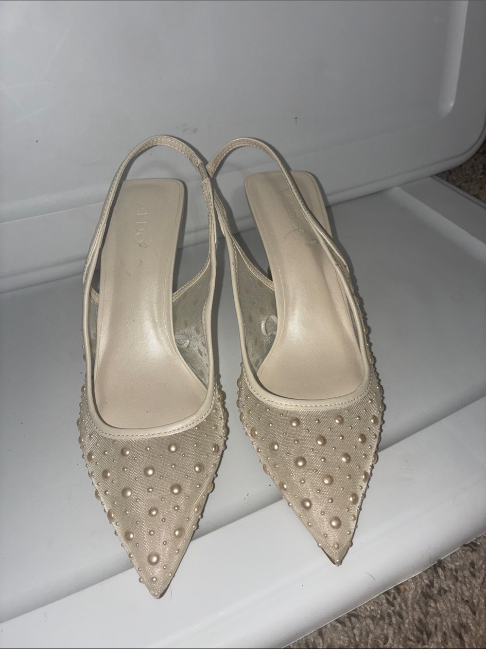 Aldo Pearl-Studded Beige Slingback Pumps